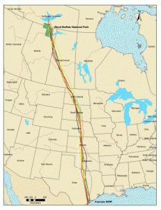 Spring migration routes taken by whooping cranes with gps transmitters. Figure courtesy The Crane Trust, Inc.